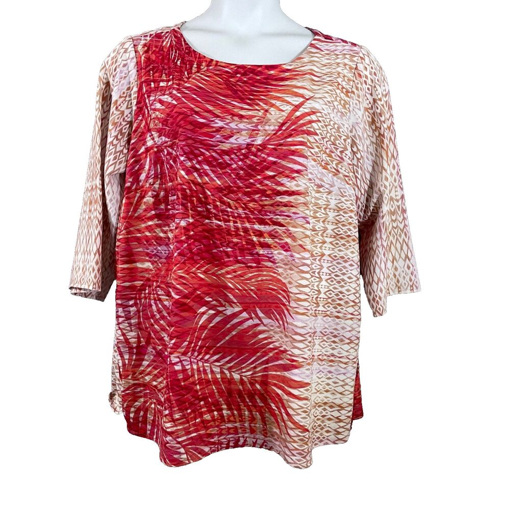 Bob Mackie Wearable Art Tunic Top Women’s 1X coral /Tan Tropical QVC Travel
